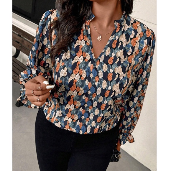 Plus Colorful Print Notched Frill neck Long Sleeeve Blouse - Picture 2 of 5